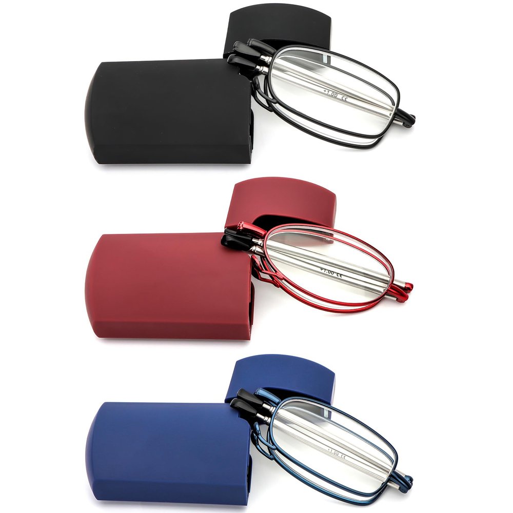 prtcslwd 3 Pack Folding Reading Glasses Stainless Steel Mini Anti-Blue Light Blocking Reader for Men Women,(Black+Red+Blue, 2.5)