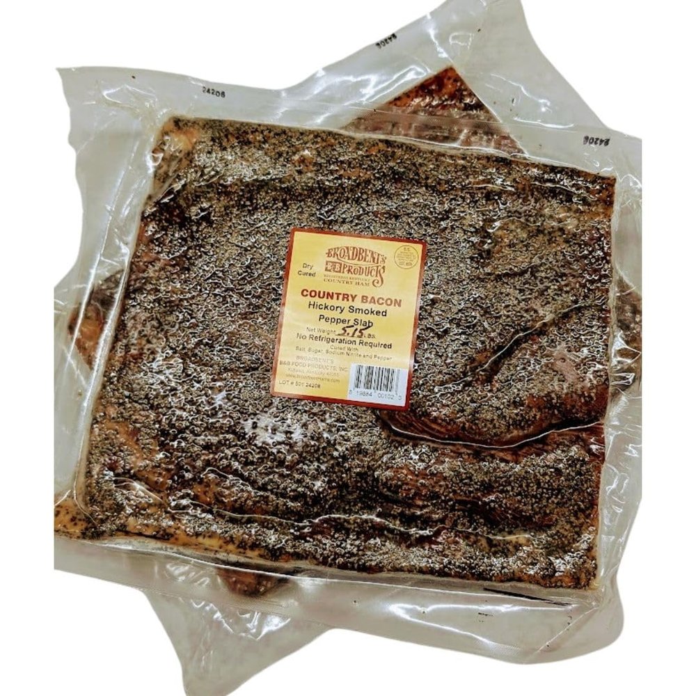 Broadbent's Unsliced Peppered Hickory Smoked Bacon, 2 Packs of 4-5 lb Slabs, Nitrite-Free, Dry-Cured, Extended Shelf Life