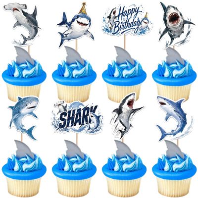 40 Pack Shark Cupcake Topper Double Sided Shark Happy Birthday Cupcake Picks Under The Sea Cake Decorations for Ocean Animals Sharks Theme Birthday Baby Shower Party Supplies