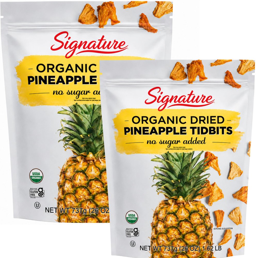Signature Organic Dried Pineapple Tidbits, No Sugar Added, Soft & Chewy Tropical Fruit Snack, USDA Organic, Gluten Free, 26 oz Bags (Pack of 2)