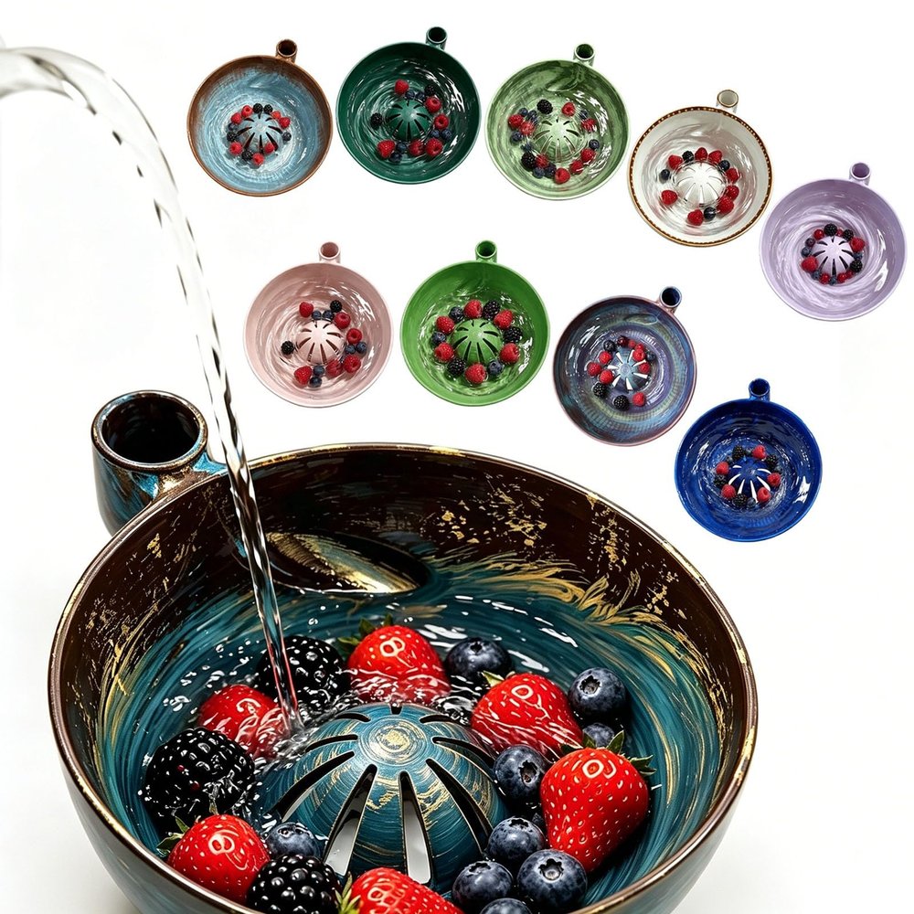 Berry Washing Bowl Not easily broken, Lighter Fruit Washer Colander for Strawberries Grapes Tomatoes, Multipurpose Self Spinning Kitchen Rinse washer with Holes, Easy To Use(Blue-brown)
