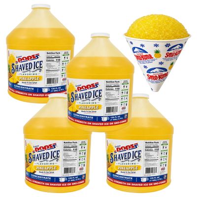 POPS Shaved Ice Syrup (4 x 1 Gallon 128 Oz) Pineapple Flavor, For Shaved Ice, Snow Cones, Slushies, Italian Soda, Seltzers, Popsicles, & More, No Refrigeration Needed, Made in USA