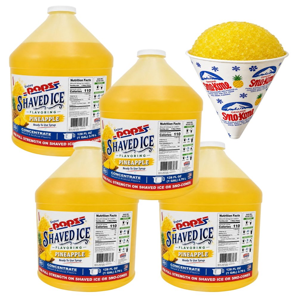POPS Shaved Ice Syrup (4 x 1 Gallon 128 Oz) Pineapple Flavor, For Shaved Ice, Snow Cones, Slushies, Italian Soda, Seltzers, Popsicles, & More, No Refrigeration Needed, Made in USA
