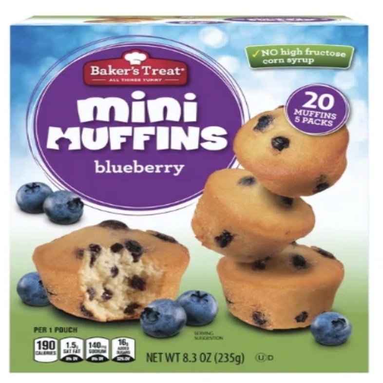 Mini Blueberry Muffins 20 Muffins (5 Packs), Soft & Moist Baked Snack, Made with Real Blueberry Flavor, Convenient Grab-and-Go Treat