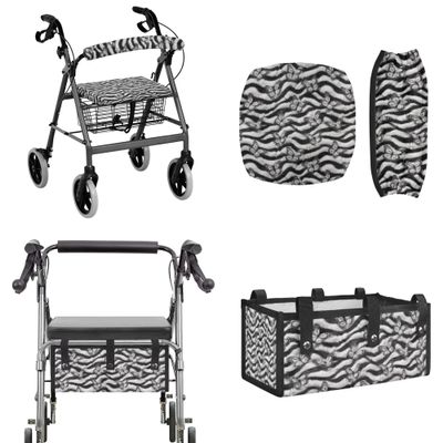 LACIYISON Grey Zebra Stripe Butterfly Print Rollator Seat and Back Rest Covers Walker Storage Bag Set of 3 Universal Fit Rollator Accessories Walker Seat Cover Bag Under Seat for Seniors