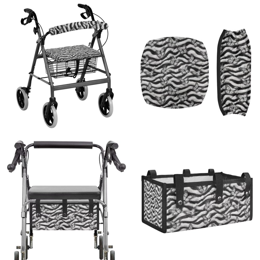 LACIYISON Grey Zebra Stripe Butterfly Print Rollator Seat and Back Rest Covers Walker Storage Bag Set of 3 Universal Fit Rollator Accessories Walker Seat Cover Bag Under Seat for Seniors