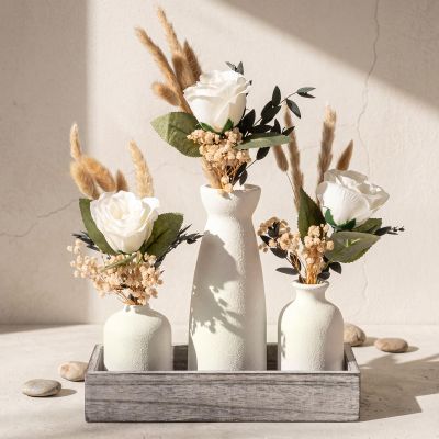 OBreezify Boho Dried Pampas Grass in vase with Wooden Tray Boho Home Decor