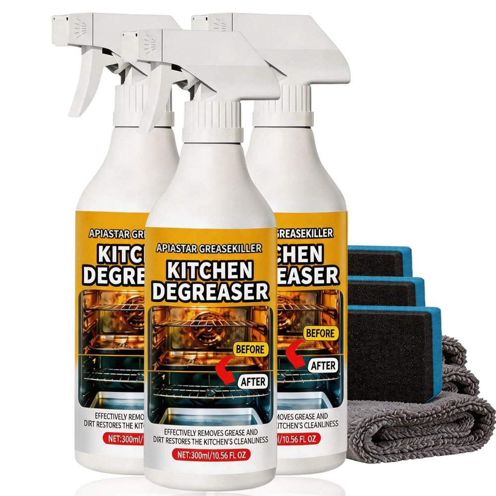 300ml/10.56fl.oz Apiastar Greasekiller Spray,Kitchen Degreaser Spray,Heavy Duty Oven Cleaner,Heavy Duty Degreaser,Multi-Use for Grills,Cabinets,Oven,Air Fryer,Home & Commercial Kitchen (3PCS)