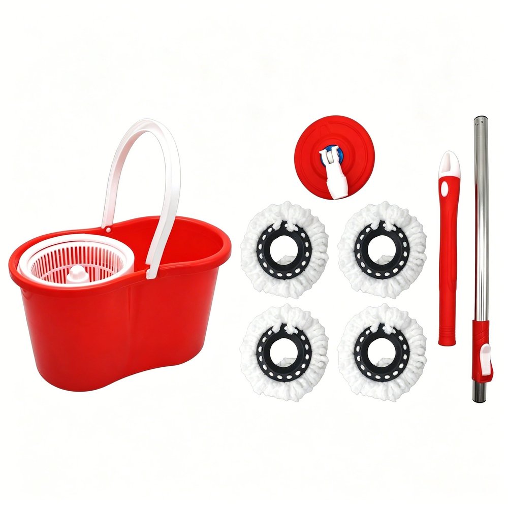 NINGHUAZHU Spin Mop and Bucket Set, 360 Rotating Self-Wringing Floor Cleaner, Microfiber Mop Heads, 4 Refills Included, for Hardwood and Tile Floors,Red w/White