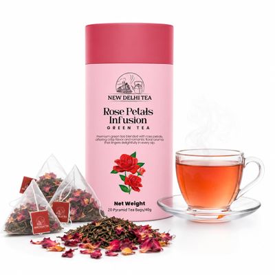 New Delhi Exotic Red Rose Tea in Pyramid Bags (20 Count/40gm) Premium Assam Tea with Real Red Rose Petals Natural Smooth Aromatic Blend - Enjoy as Hot or Iced Beverage, Luxury Gift Box