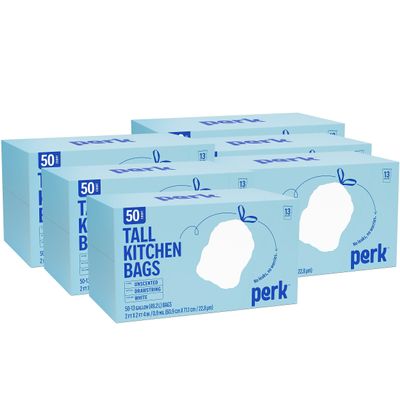 Perk 13 Gallon Kitchen Trash Bag, 28" x 24", Low Density, 0.9 mil, White, 50 Bags/Box, 6 Boxes/Carton