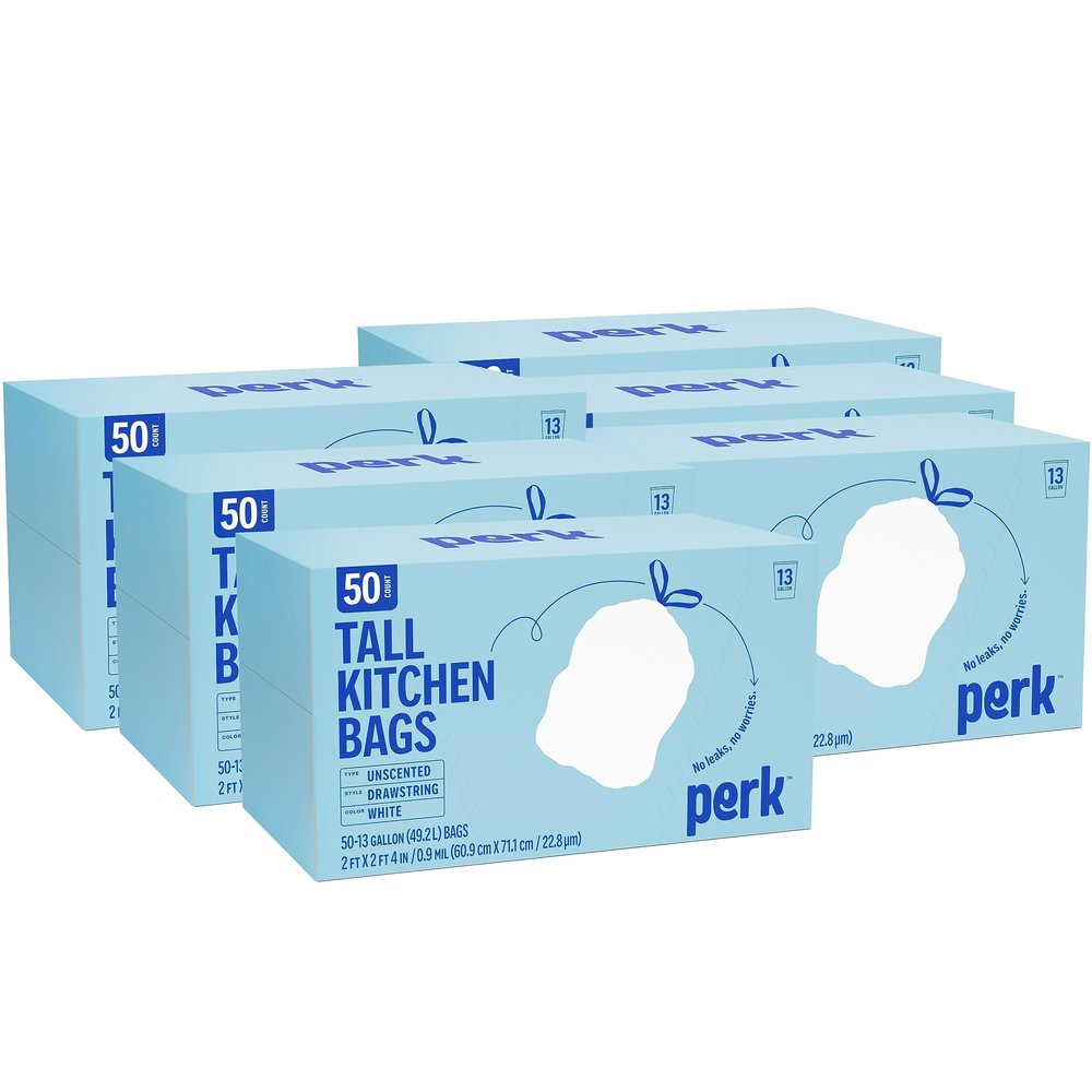 Perk 13 Gallon Kitchen Trash Bag, 28" x 24", Low Density, 0.9 mil, White, 50 Bags/Box, 6 Boxes/Carton
