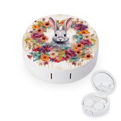 FodPand Watercolor Rabbit And Flowers Contact Lens Case with Solution Bottle, Portable Contact Lens Box with Mirror, Lenses Applicator Remover Tool Kit for Women Men, Contact Lens Holder Container
