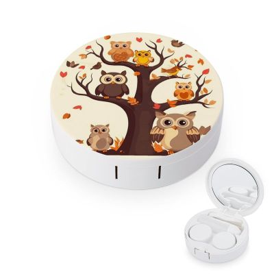 FodPand Cartoon Owl on Tree Contact Lens Case with Solution Bottle, Portable Contact Lens Box with Mirror, Lenses Applicator Remover Tool Kit for Women Men, Contact Lens Holder Container