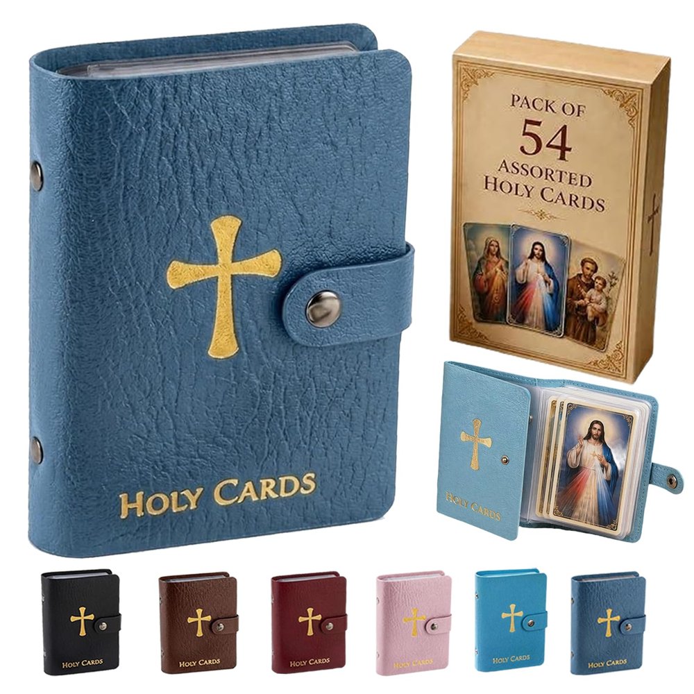 Catholic Prayer Card Holder with 54 Holy Cards, Premium PU Leather Pocket Organizer Book with Snap Closure for Daily Devotion, Religious Gifts for Men and Women (Deep Blue)