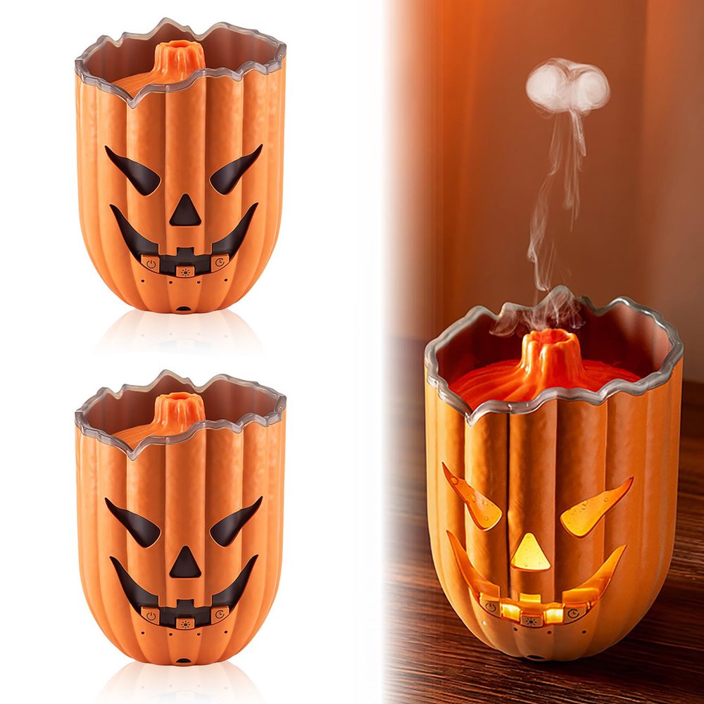 Halloween Pumpkin Aroma Diffuser, Spooky Pumpkin Aromatherapy Diffuser, 300ml Essential Oil Humidifier with Jellyfish Mist Effect & Remote Control, Adjustable Timer, 7 Colors Light (2pcs)