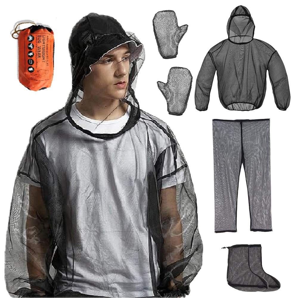5 Piece Mosquito Suit for Men & Women with Hood, Outdoor Mesh Bug Protection from Bugs, Keep Safe Cool for Outdoor (S/M)