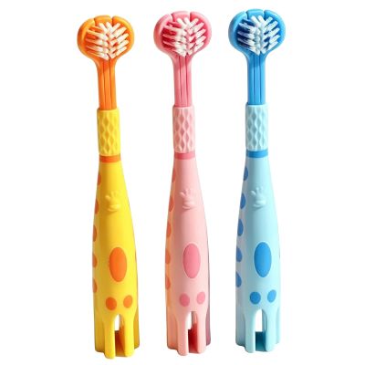 Emoyi Cartoon 3 Packs Soft Hair Toothbrush 3-Sides Toothbrushes C Shape for 3-12 Years,Children Teeth Care and Gum Care