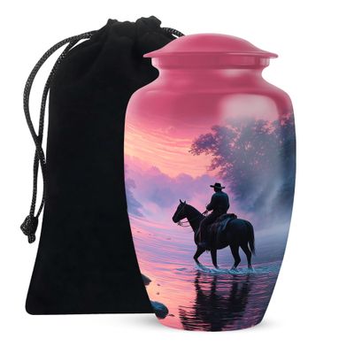 LEXFAY Cowboy Cremation Urns for Human Ashes, Pink Funeral Urns for Human Ashes Adult Man, Large Memorial Gift for Urn for Cremation Mother with Velvet Bag (Size - 10 Inch)