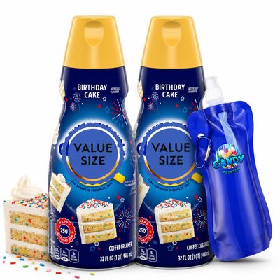 Birthday Cake Liquid Coffee Creamer, 32 fl oz Bottles, Pack of 2, Sweet & Creamy Flavored Coffee Creamer for Hot or Iced Coffee with Candy Freezer Collapsible Water Bottle
