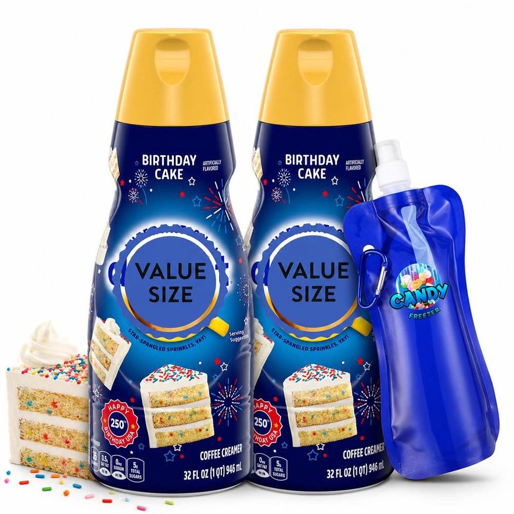 Birthday Cake Liquid Coffee Creamer, 32 fl oz Bottles, Pack of 2, Sweet & Creamy Flavored Coffee Creamer for Hot or Iced Coffee with Candy Freezer Collapsible Water Bottle