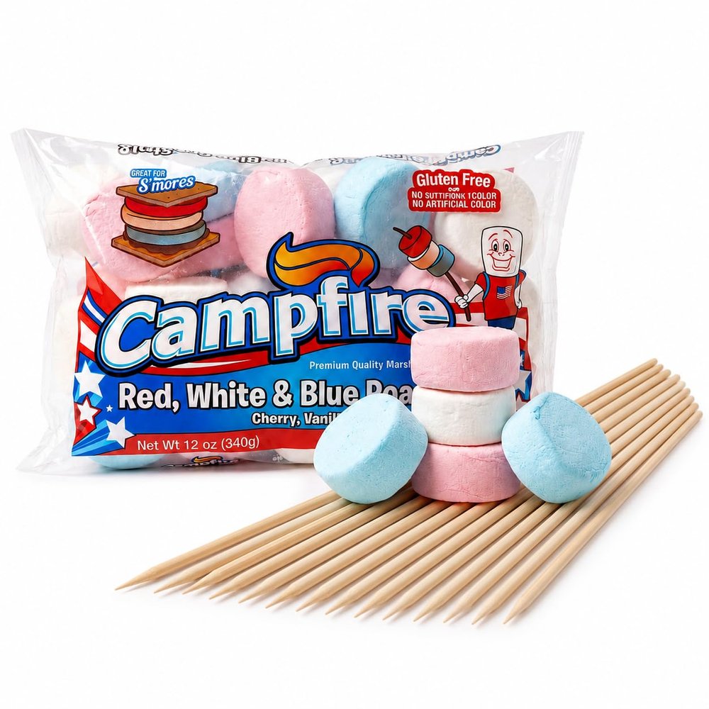 (1 Pack) Red, White & Blue Roaster Marshmallows with 30" Skewers Patriotic Jumbo Marshmallows, Cherry, Vanilla & Blueberry Flavors Gluten Free, No Artificial Colors, Perfect for Smores
