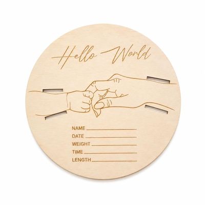 Wooden Baby Birth Announcement Disc, Round Hello World Newborn Keepsake Sign, Hospital Photo Prop