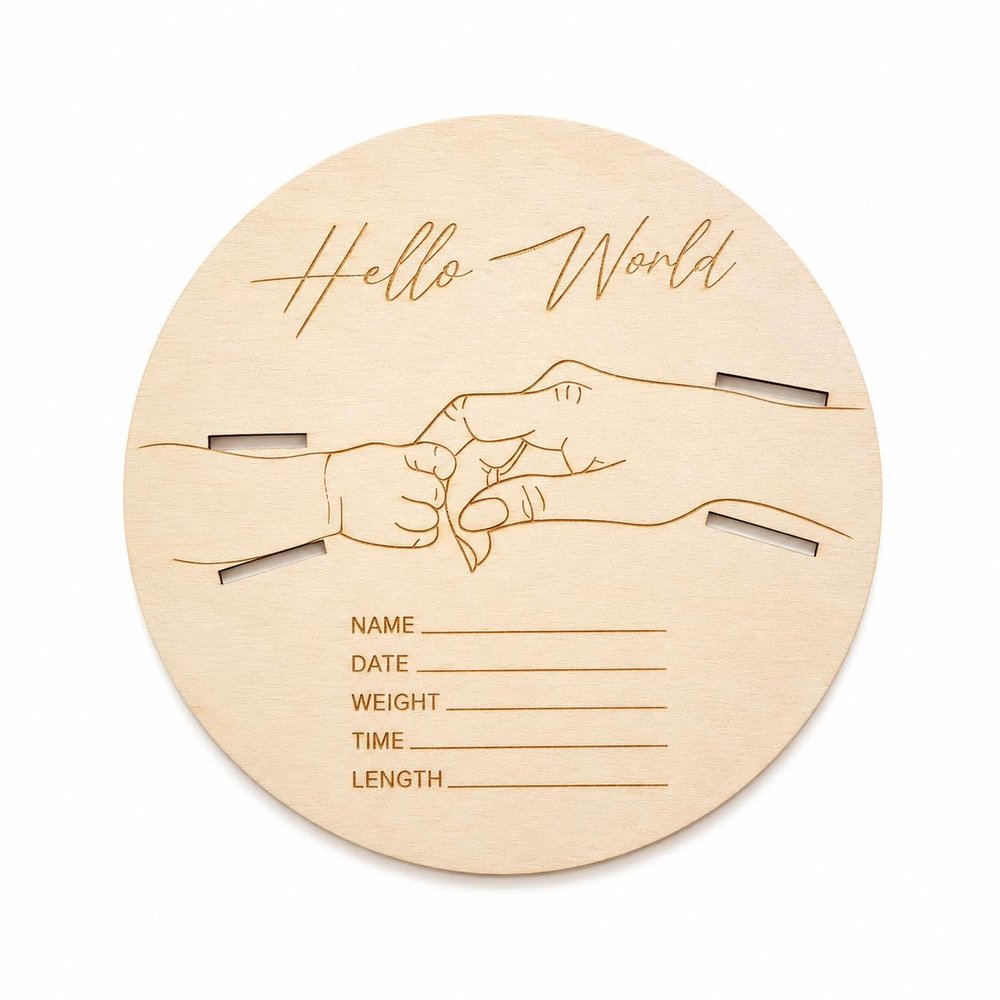 Wooden Baby Birth Announcement Disc, Round Hello World Newborn Keepsake Sign, Hospital Photo Prop