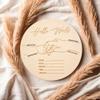 Wooden Baby Birth Announcement Disc, Round Hello World Newborn Keepsake Sign, Hospital Photo Prop view 2