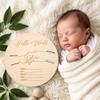Wooden Baby Birth Announcement Disc, Round Hello World Newborn Keepsake Sign, Hospital Photo Prop view 3