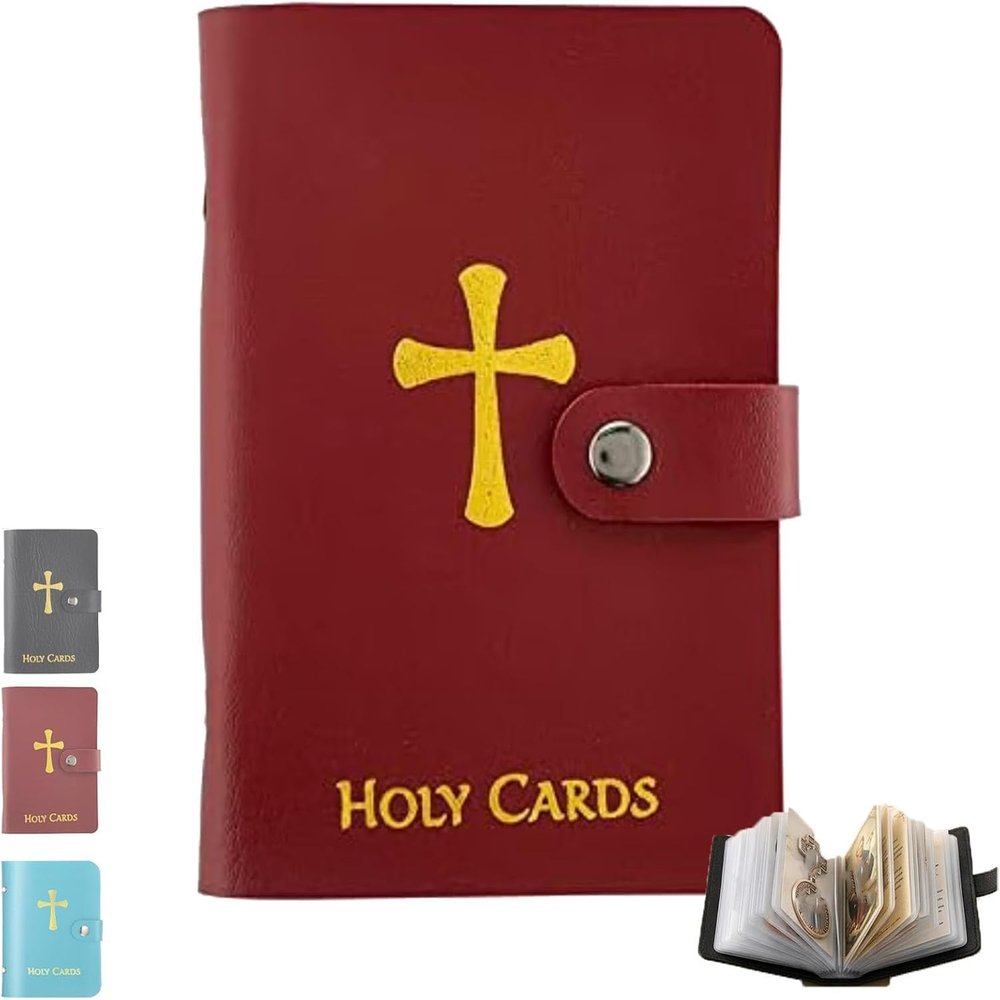 Holy Card Holder, Pocket Prayer Card Organizer with Snap Closure, Holy Card Holder Book for Cards Tokens Keepsakes, Compact Booklet for Daily Use, Faux Portable Storage Booklet Standard Sleeves red