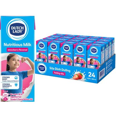 Dutch Lady Nutritious Milk Strawberry Flavor Calcium, Vitamin D & Vitamin C Gluten Free Ultra Pasteurized (UHT) Kosher 6.1 Fl Oz Pack Of 24