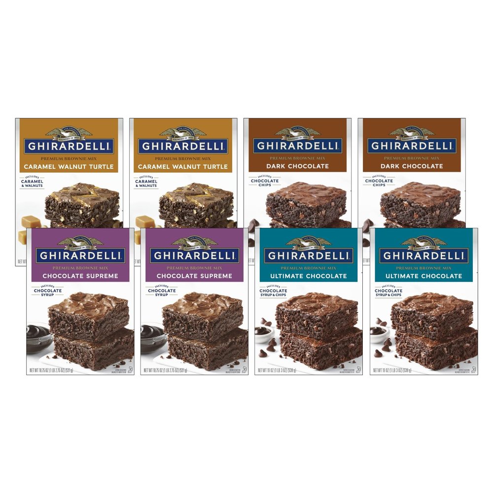 Ghirardelli Premium Brownie Mix Variety Pack 2 Each of Dark Chocolate (20 oz), Chocolate Caramel Turtle (18.5 oz), Supreme (18.75 oz) & Ultimate Chocolate (19 oz), 8 Count (Variety Pack)