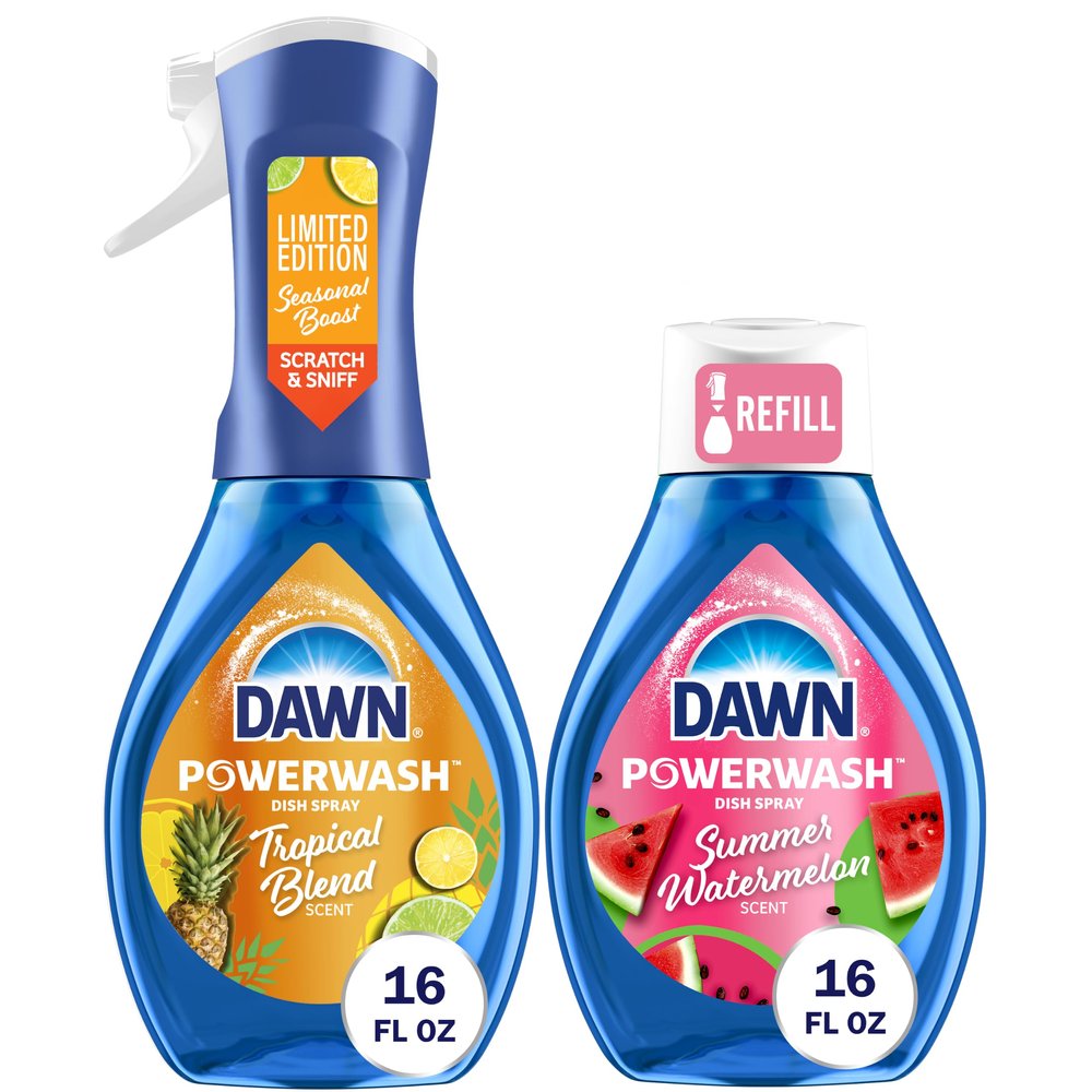 Dawn Dish Soap Spray Kitchen Household Essentials 1 Tropical Blend Starter Kit and Watermelon Refill Combo Pack, 16 oz (each)