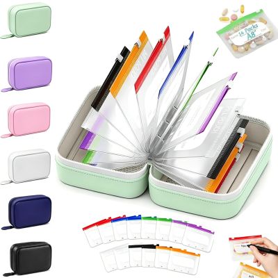 A8 Waterproof Pill Pouch Organizer Set with 14 Zipper Storage Bags (Green)
