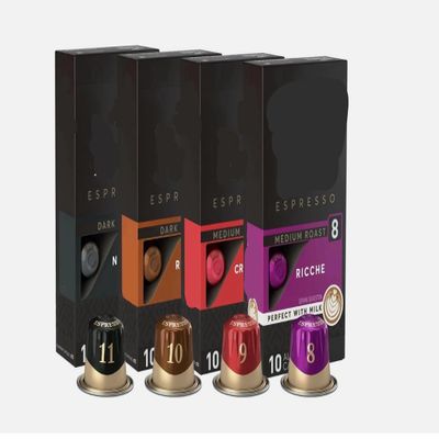 Espresso Capsules Medium Roast Variety Pack Espresso Capsules Ricchezza, Ristretto, Big Bang, Major Dickinson - 40 Count (Pack of 1), Total of 40 Count Box Cups - Packaging May Vary