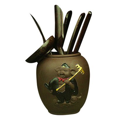 JOYOFREELY 6 Pcs Ebony Wood Tea Making Tool Kit Chinese Kung Fu Tea Set for Office Elegant and Delicate Design