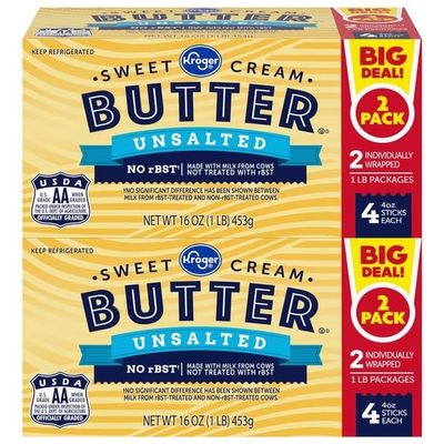 Unsalted Sweet Cream Butter Sticks, 32 oz Total, 8 Individually Wrapped Sticks for Baking and Cooking