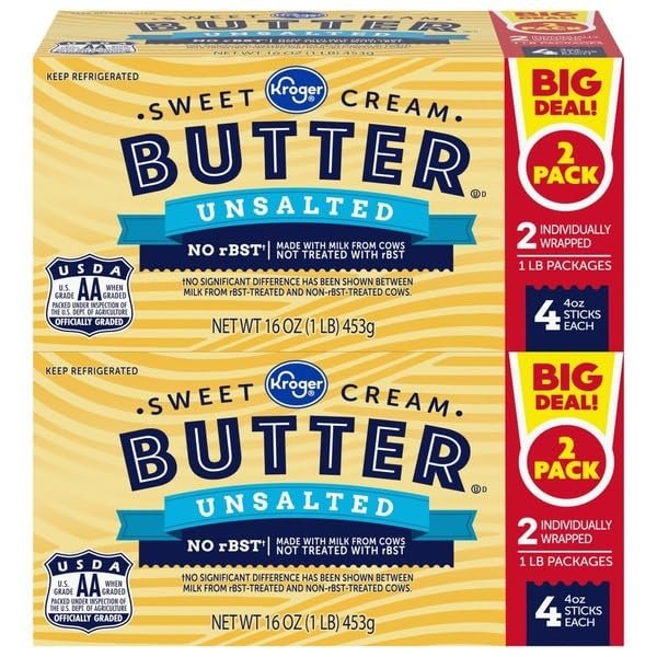 Unsalted Sweet Cream Butter Sticks, 32 oz Total, 8 Individually Wrapped Sticks for Baking and Cooking