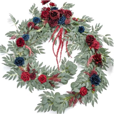 9ft Eucalyptus Garland with Flowers - Artificial Greenery for Wedding Decor, Sweetheart Table Centerpieces, Floral Accents, Elegant Table Garland (Green) Dark Red