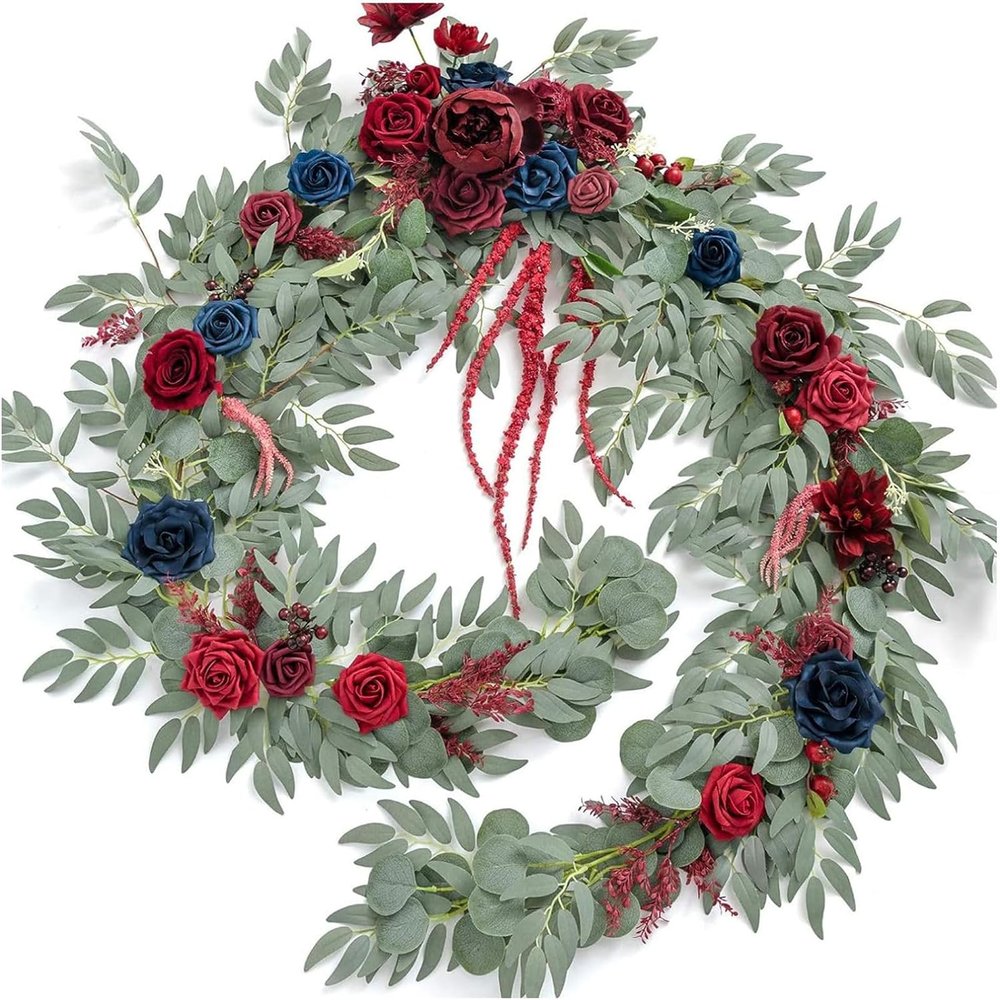 9ft Eucalyptus Garland with Flowers - Artificial Greenery for Wedding Decor, Sweetheart Table Centerpieces, Floral Accents, Elegant Table Garland (Green) Dark Red