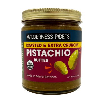 Wilderness Poets, Roasted Pistachio Butter - Organic, Extra Crunchy, 100% Pistachio - Glass Jar (8 Ounce) - Perfect for Sweet or Savory Creations - Unsweetened, California-Grown