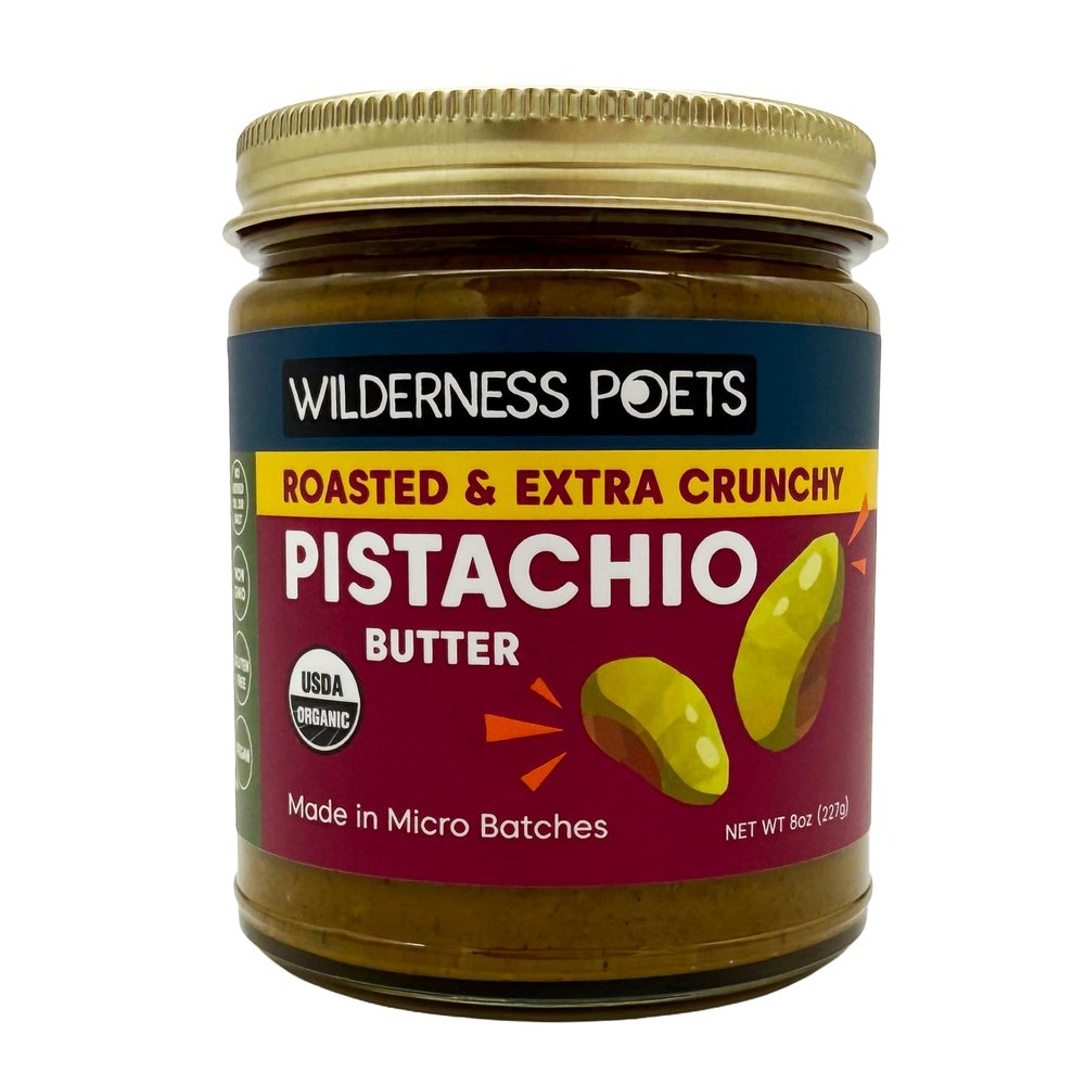 Wilderness Poets, Roasted Pistachio Butter - Organic, Extra Crunchy, 100% Pistachio - Glass Jar (8 Ounce) - Perfect for Sweet or Savory Creations - Unsweetened, California-Grown