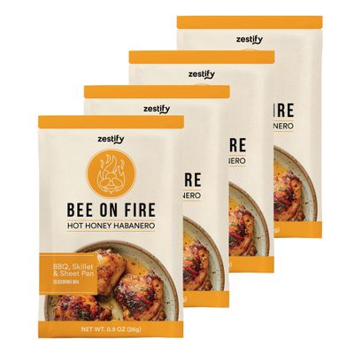 Zestify Bee on Fire - Hot Honey Habanero Seasoning Mix Packets | Gourmet Spice Blend for Grilling BBQ Meats, Roasted Vegetables, Popcorn (4-0.9 oz pouches)