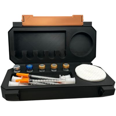 Rx Cases Peptide Storage Case | 5 Vial Slots | Syringe Tray | Cotton Round Holder | Snap-Lock Hard Shell | Made in USA | Black with Accents (Copper)
