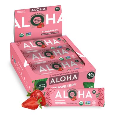 ALOHA Organic Plant Based Protein Bars | Strawberry, 12 Count, 4g of Sugar
