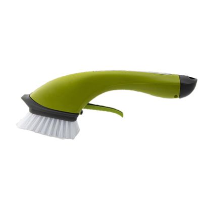 Luxshiny Long Handle Dishwashing Brush Green Plastic Pot Cleaning Brush with Automatic Water Spray Function for Easy and Efficient Kitchen Cleaning