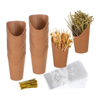 PRETYZOOM Disposable Popcorn and Snack Containers Paper with Skewers 12oz French Fry Cups Individually Packaged Snack Holders Spacesaving Single Use for Fast Food and Take-out