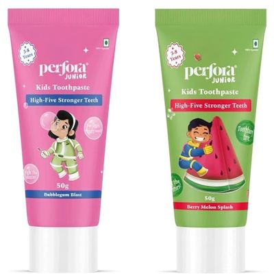 Perfora'S Jr. Kids Toothpaste | Bubblegum Blast & Berry Melon Splash flvour | 50 g Pack of 2