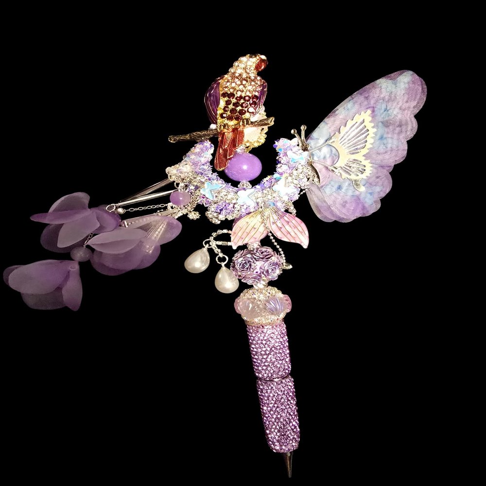 Decorative Beaded Pen with Eagle and Butterfly, Purple Floral Crystal Rhinestone Design